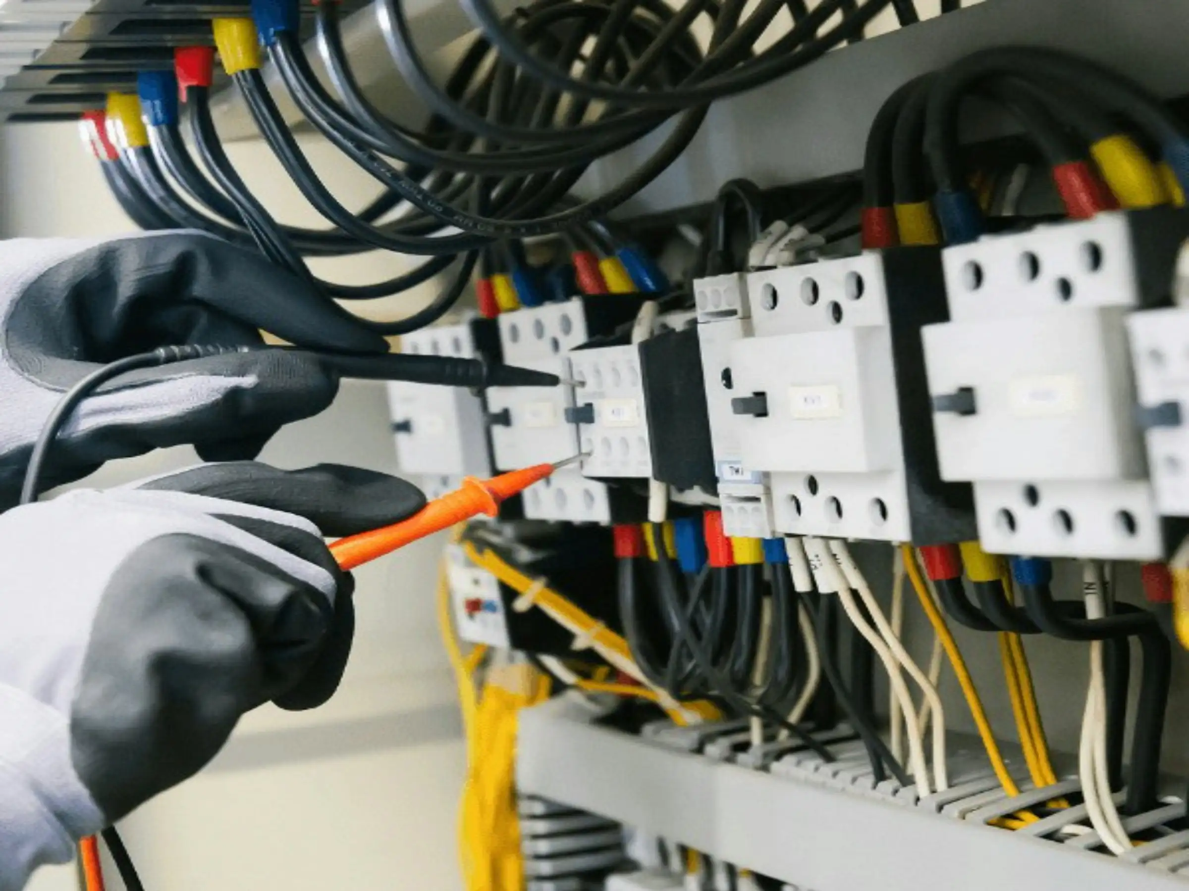 Electrician testing a switchboard with a digital multimeter