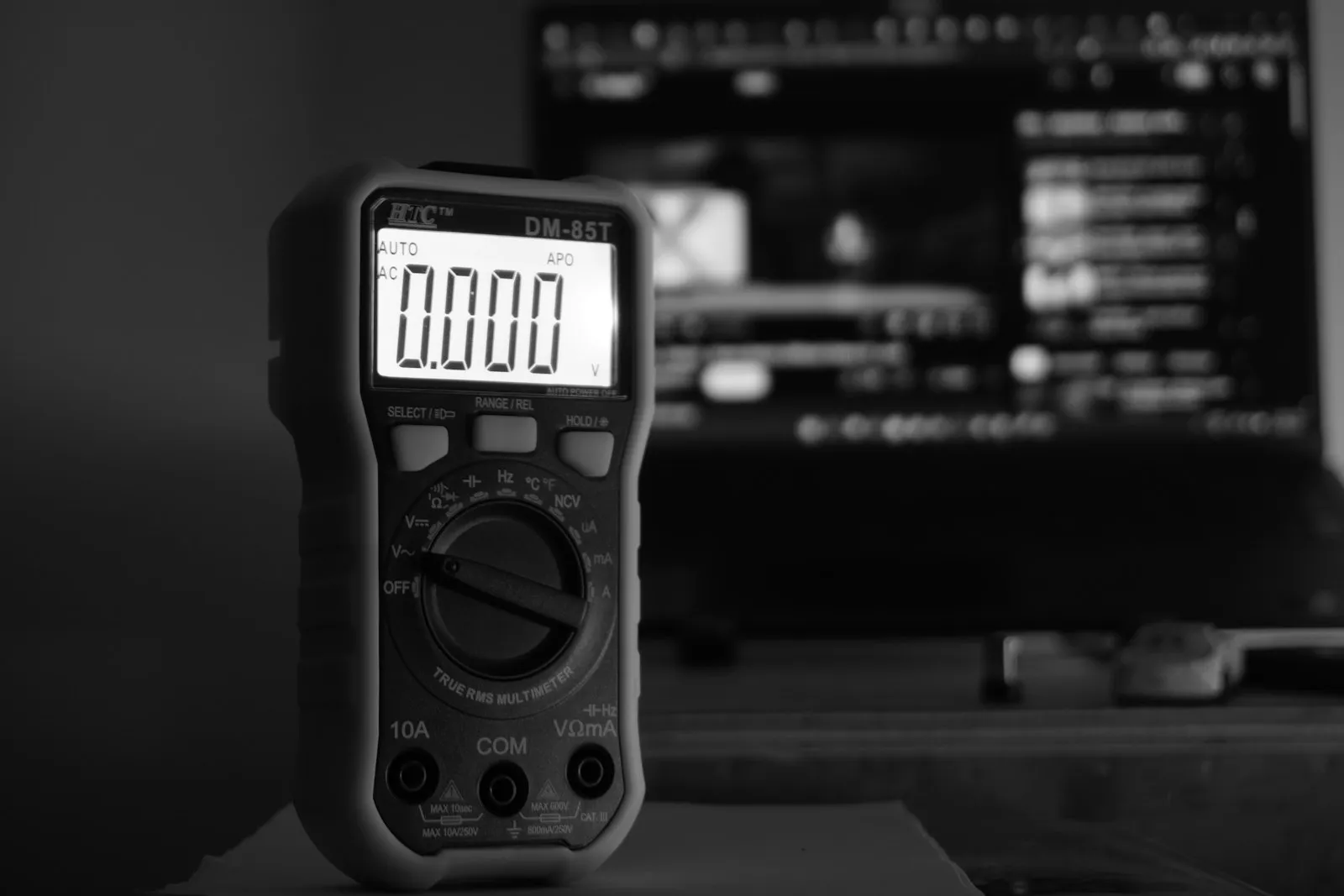 Digital multimeter showing a zero reading